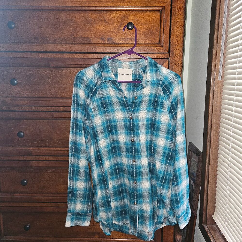 Lucky Brand Women's button down plaid shirt in dark aqua - Size M